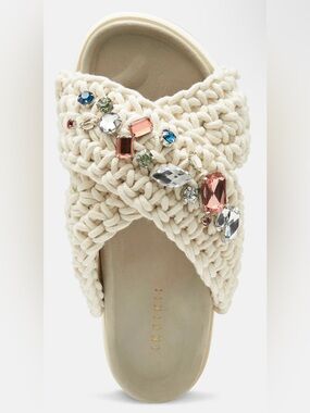 Inuikii Crochet Sandals in Cream w. Multi-Stone Embellishment